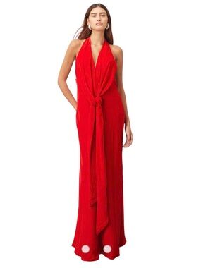 ARRANGE halter neck plunge velvet maxi dress with tie detailing in red size 10